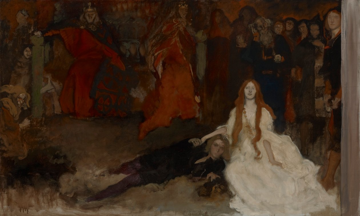 Estudio de composición, para La escena del juego en Hamlet, Acto III, Escena II de Edwin Austin Abbey