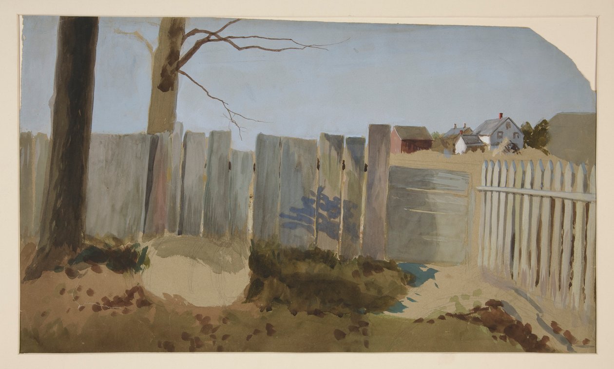 Escena campestre: valla, campo, casa de campo a lo lejos. de Edwin Austin Abbey