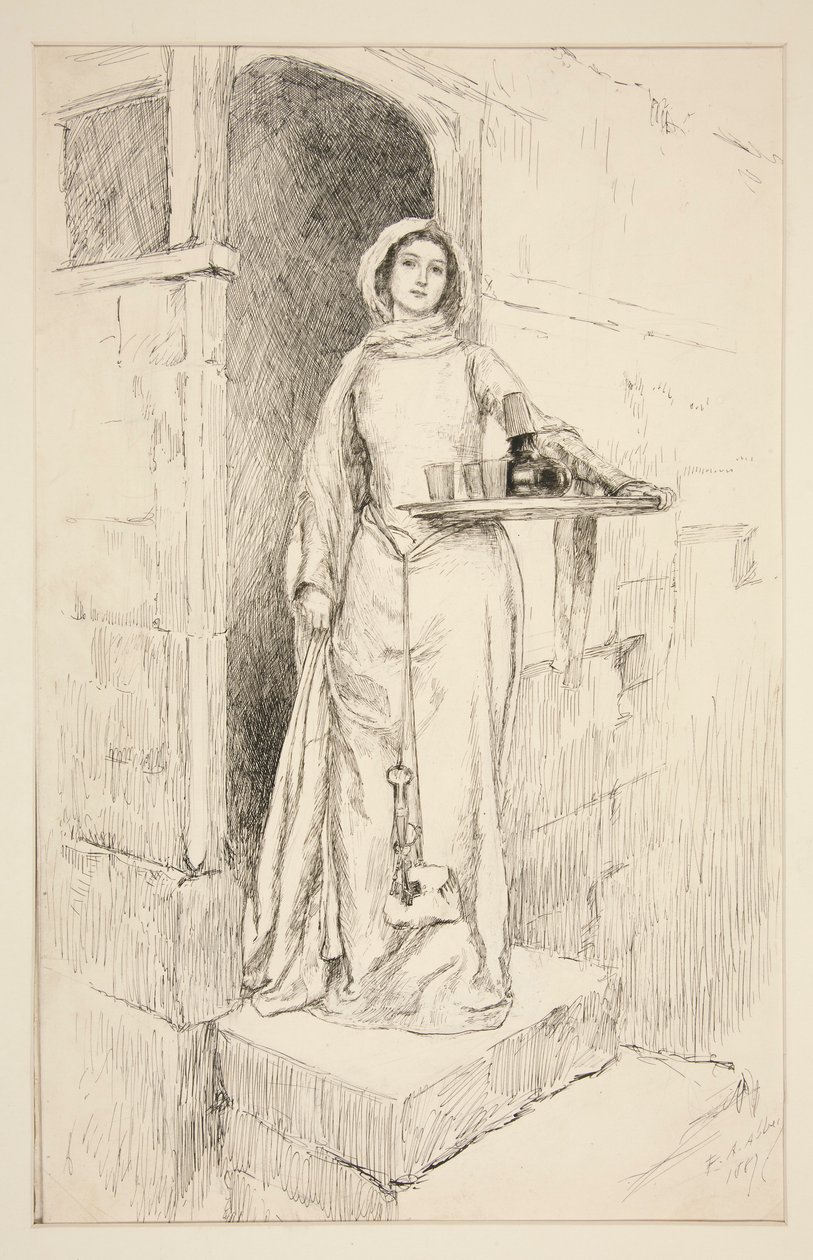 Entra la señora Anne Page con vino - Acto I, Escena I, Las alegres comadres de Windsor de Edwin Austin Abbey