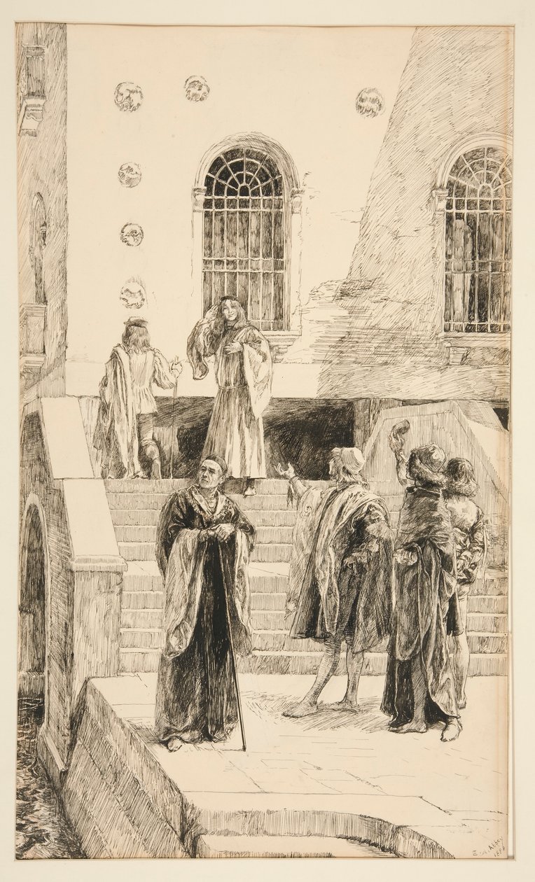 Exuent Salarino y Salanio, del Acto I, Escena i, Mercader de Venecia de Edwin Austin Abbey