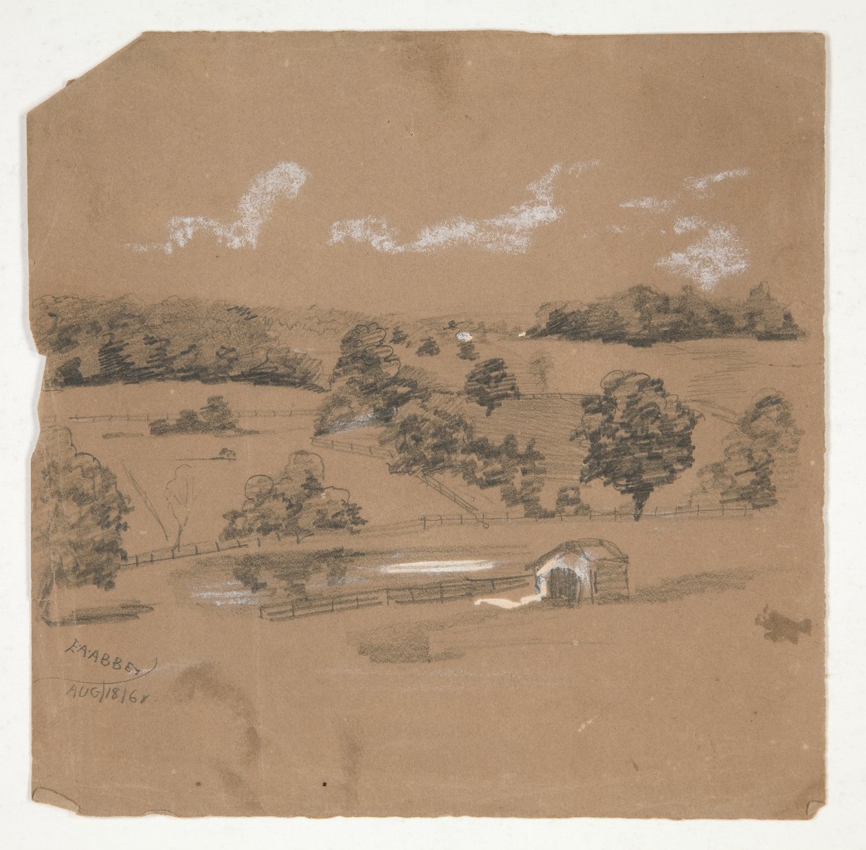 Paisaje de granja con vistas a los pastos de Edwin Austin Abbey
