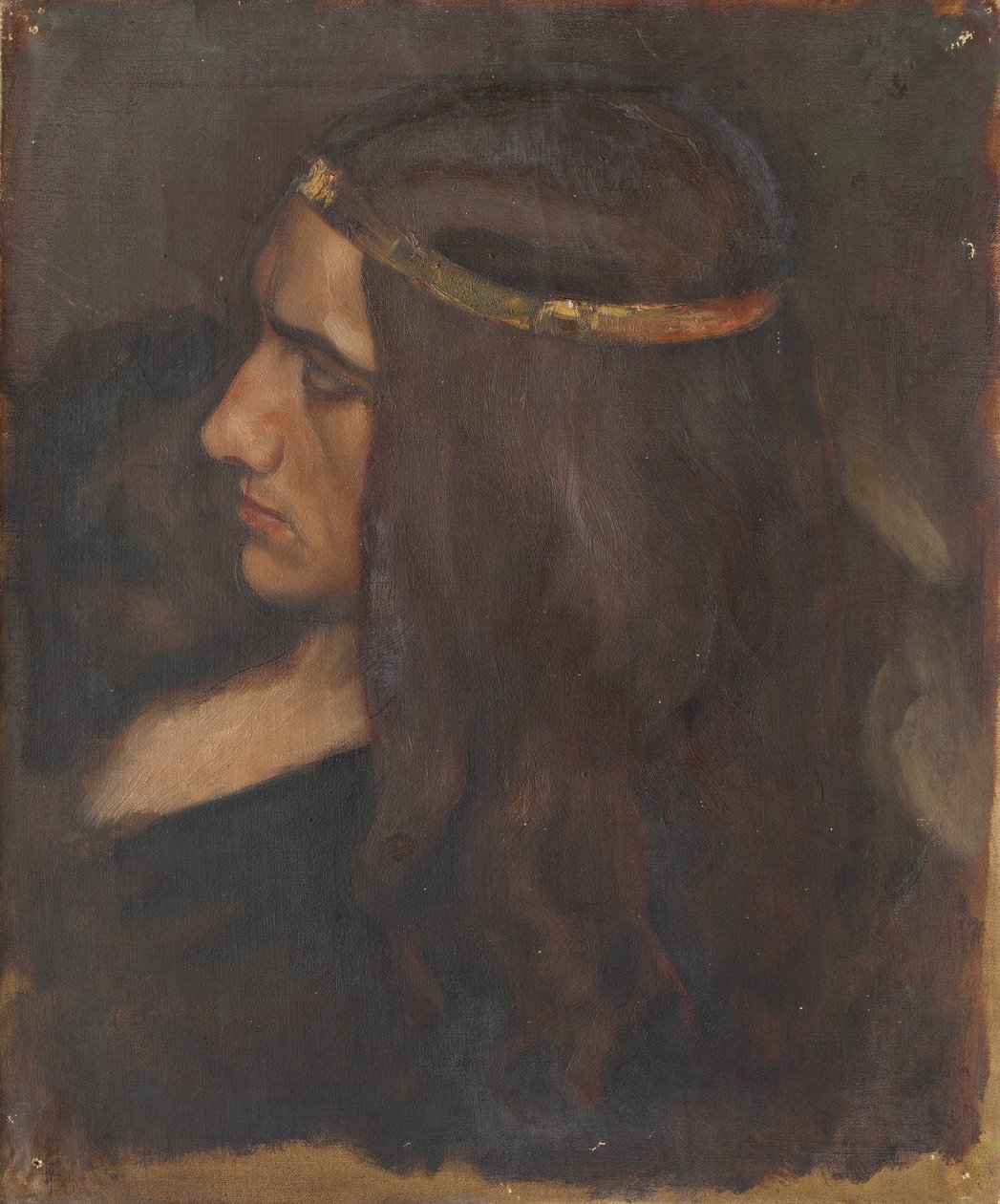Figura Estudio de Hamlet, para La escena del juego en Hamlet, Acto III, Escena II de Edwin Austin Abbey