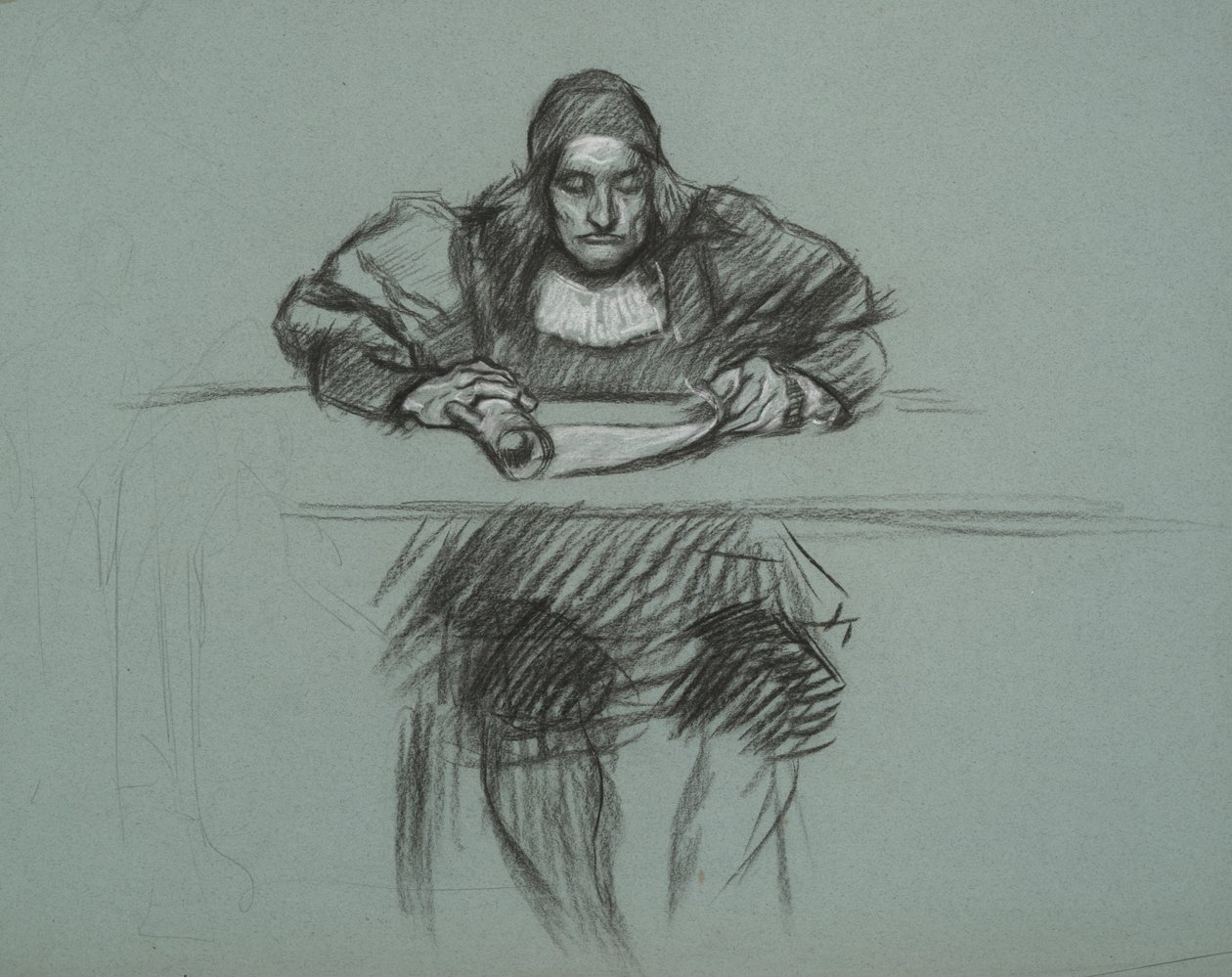 Figura para Juicio de la Reina Catalina. empleado en el escritorio de Edwin Austin Abbey