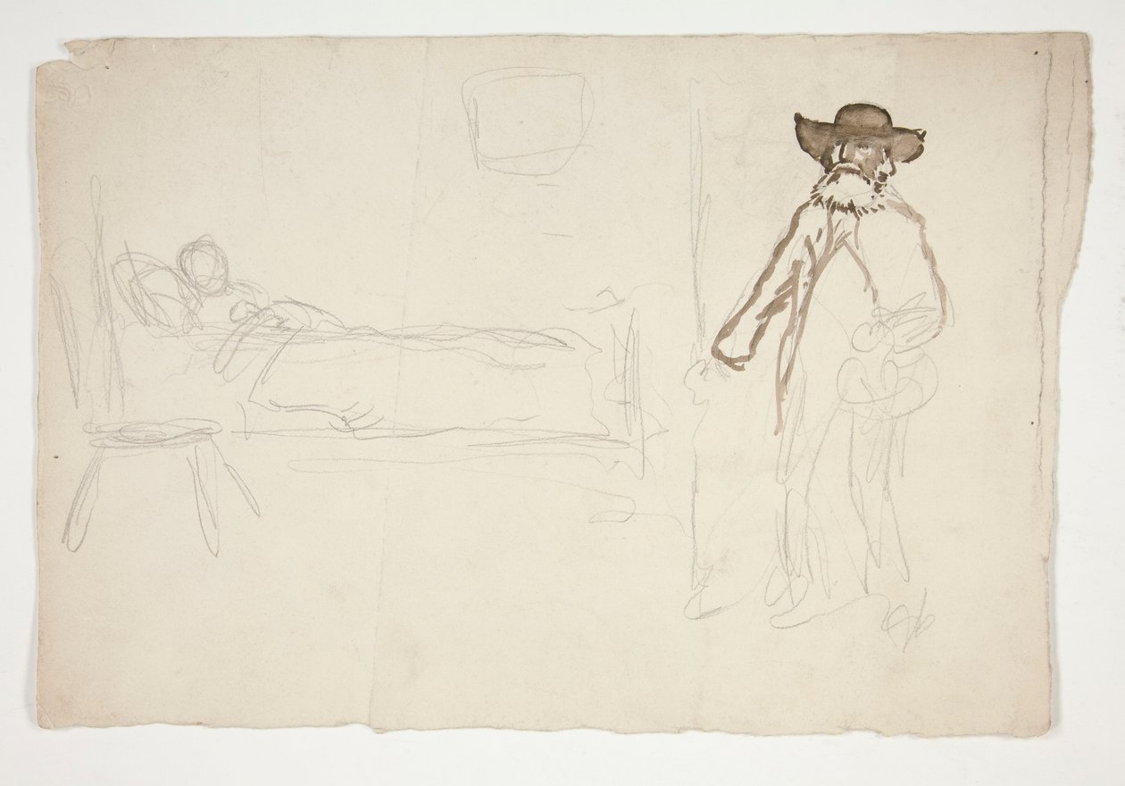 Figura en la cama, hombre entrando en la habitación - ilustración no identificada de Edwin Austin Abbey