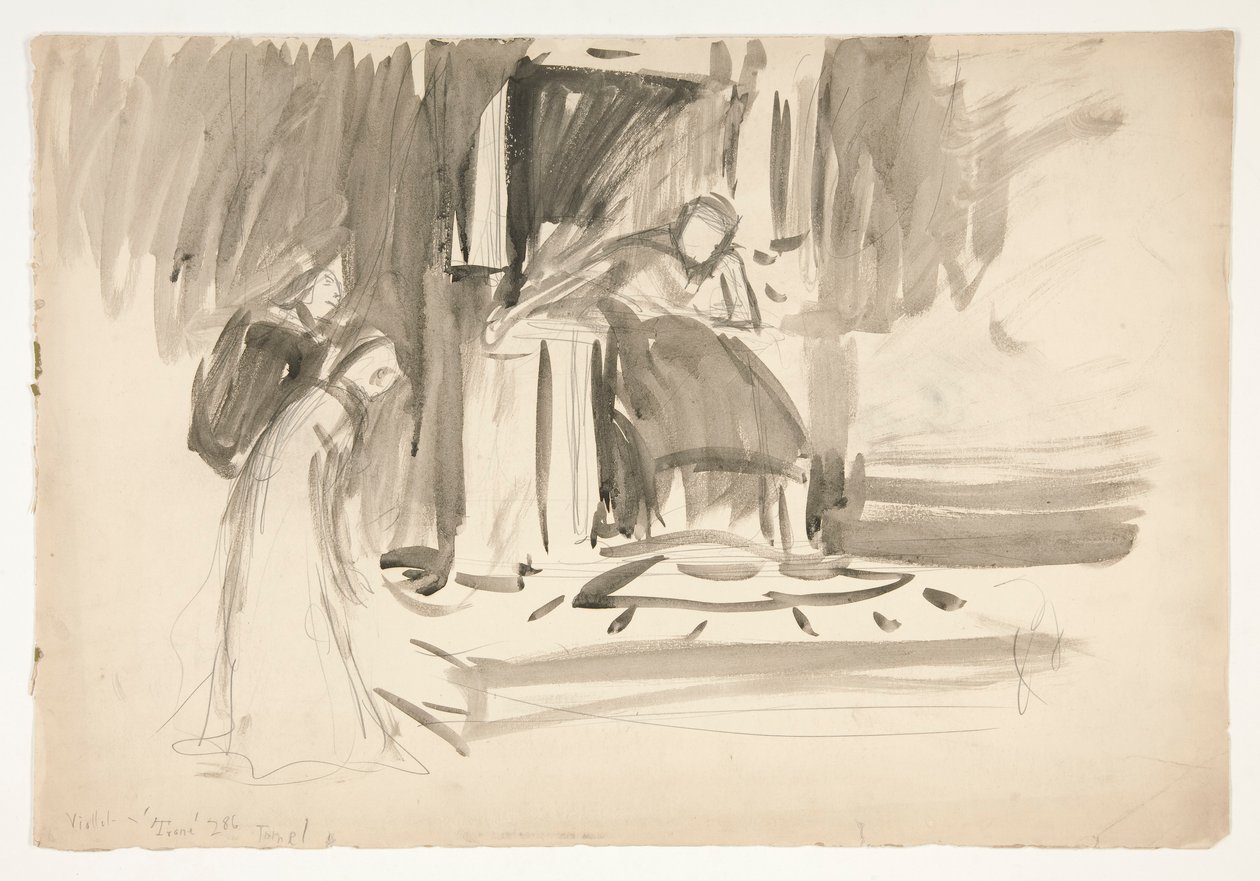 Figura en el trono, flanqueada por dos figuras, boceto de una obra de Shakespeare no identificada de Edwin Austin Abbey