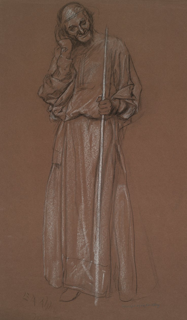 Estudio de figura, anciano con bastón, posiblemente Polonio en de Edwin Austin Abbey