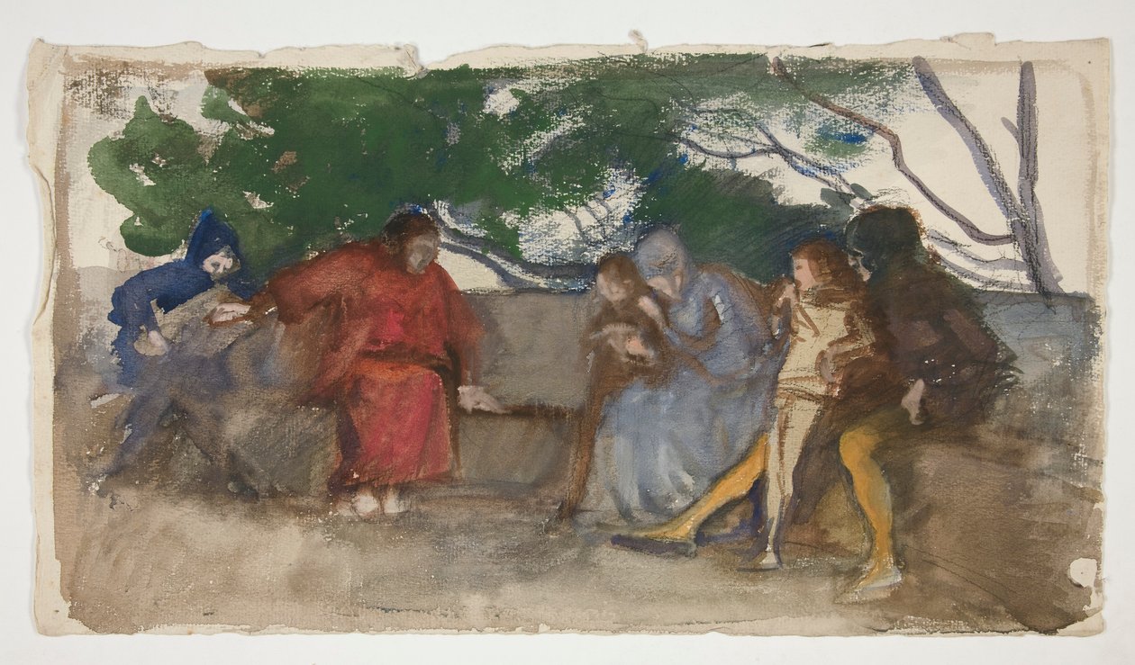 Figuras sentadas a lo largo de un banco al aire libre de Edwin Austin Abbey
