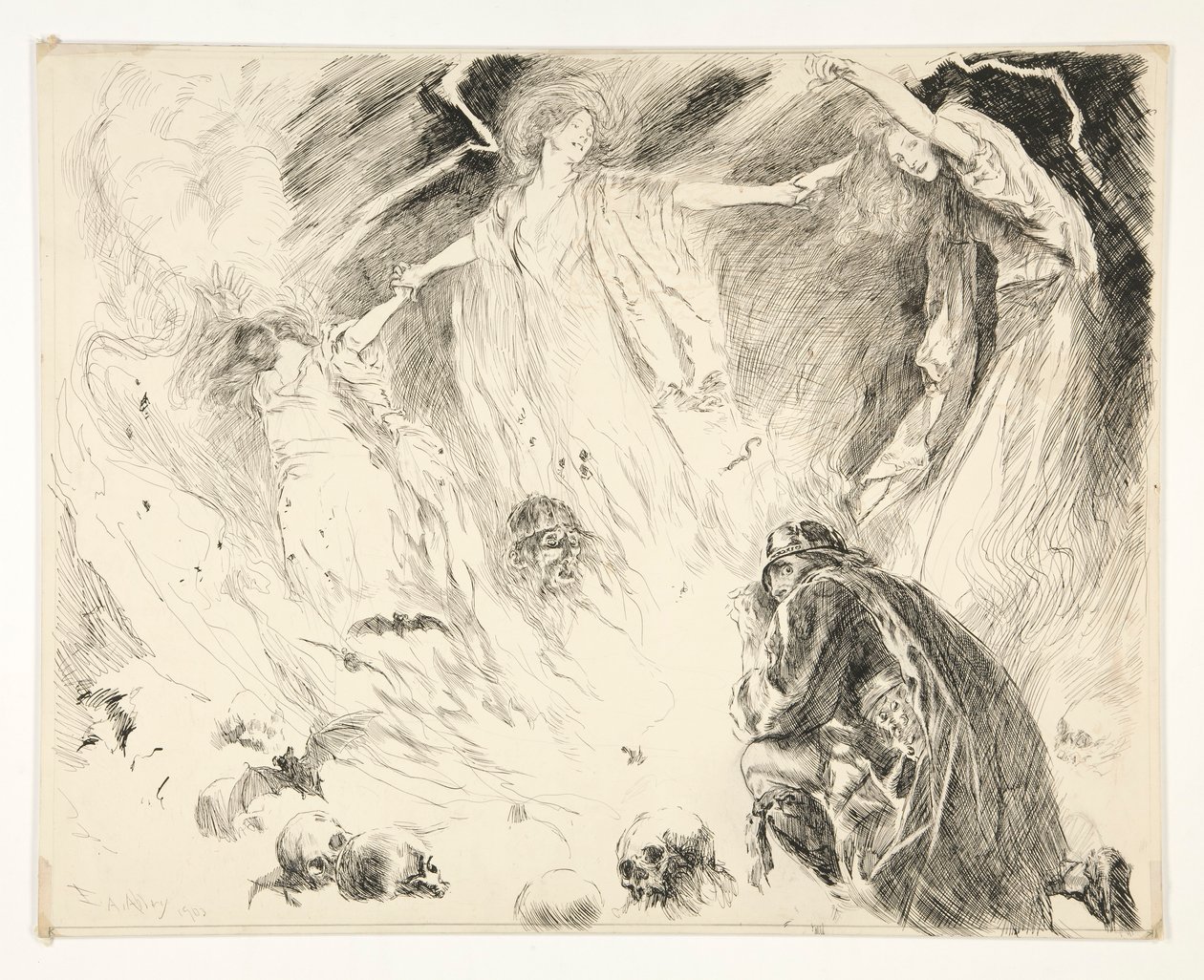 Primera aparición: ¡Macbeth! Macbeth! Macbeth! cuidado con Macduff., Acto IV, Escena 1, Macbeth de Edwin Austin Abbey