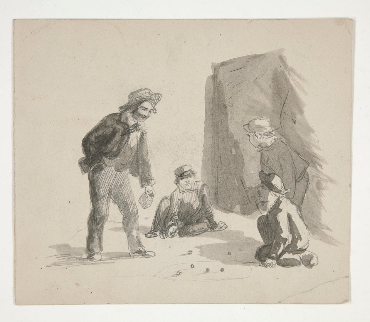 Cuatro muchachos jugando a las canicas (anverso); Ilustración no identificada de niño en caballete en interior (verso) de Edwin Austin Abbey