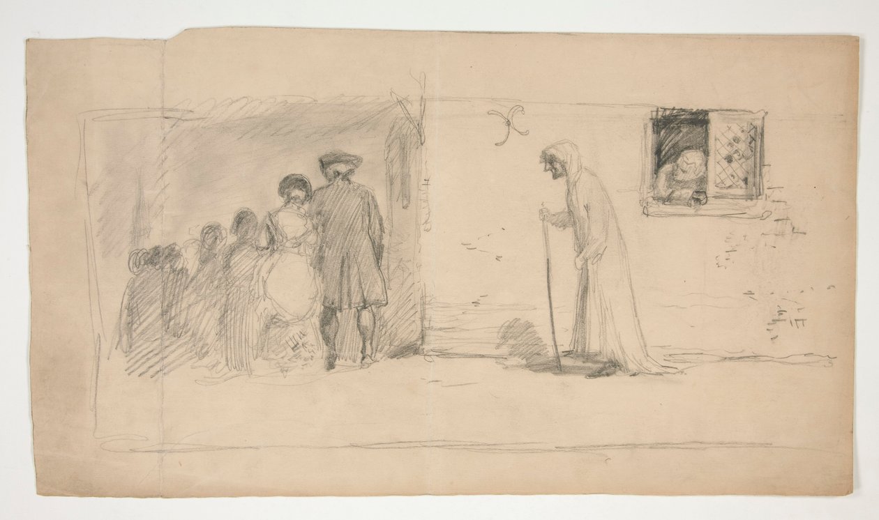 Grupo de figuras fuera de la casa de piedra - ilustración no identificada de Edwin Austin Abbey