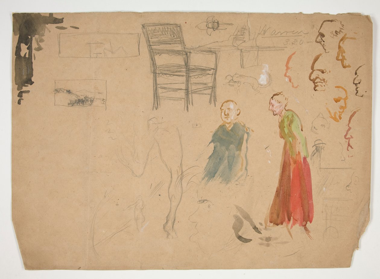 Estudios de cabeza y figura, y Estudio de una silla (anverso); Bocetos para ilustraciones de libros (verso) de Edwin Austin Abbey