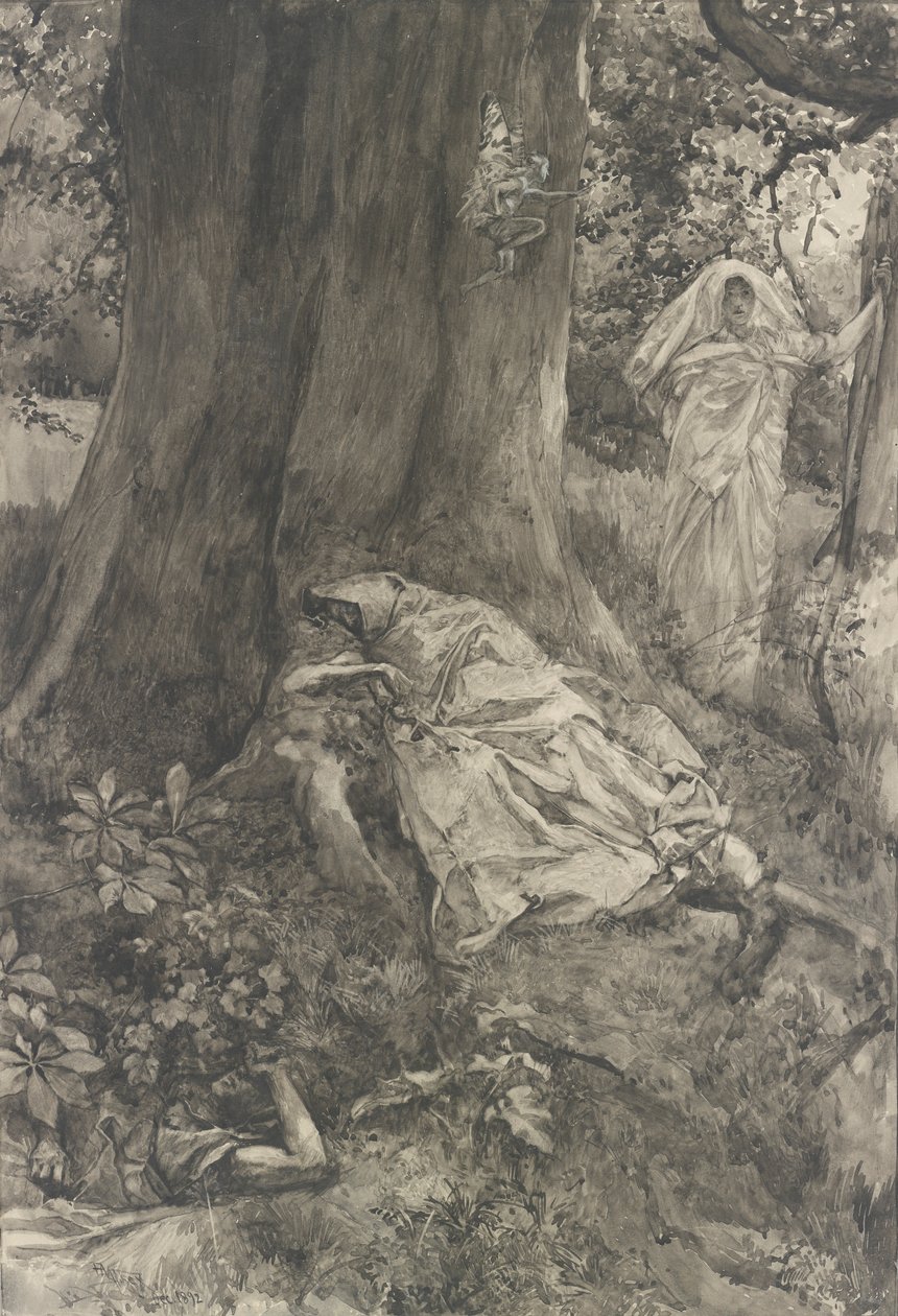 Hermia en el bosque, ilustración del Acto III, Escena II, Una noche de verano de Edwin Austin Abbey