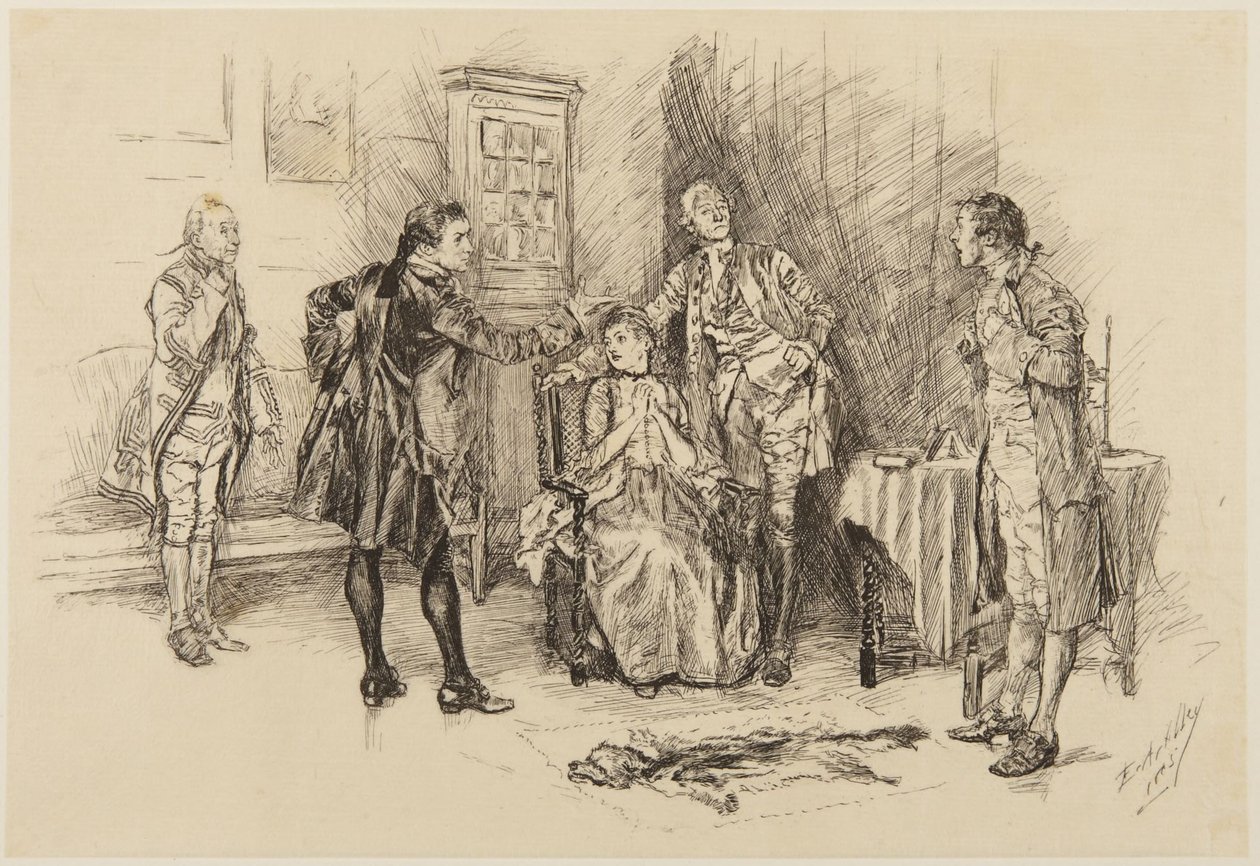 Ilustración de la obra de Goldsmith *She Stoops to Conquer*: «¿Ha estado bien, señor, contribuir a que quede en ridículo» de Edwin Austin Abbey