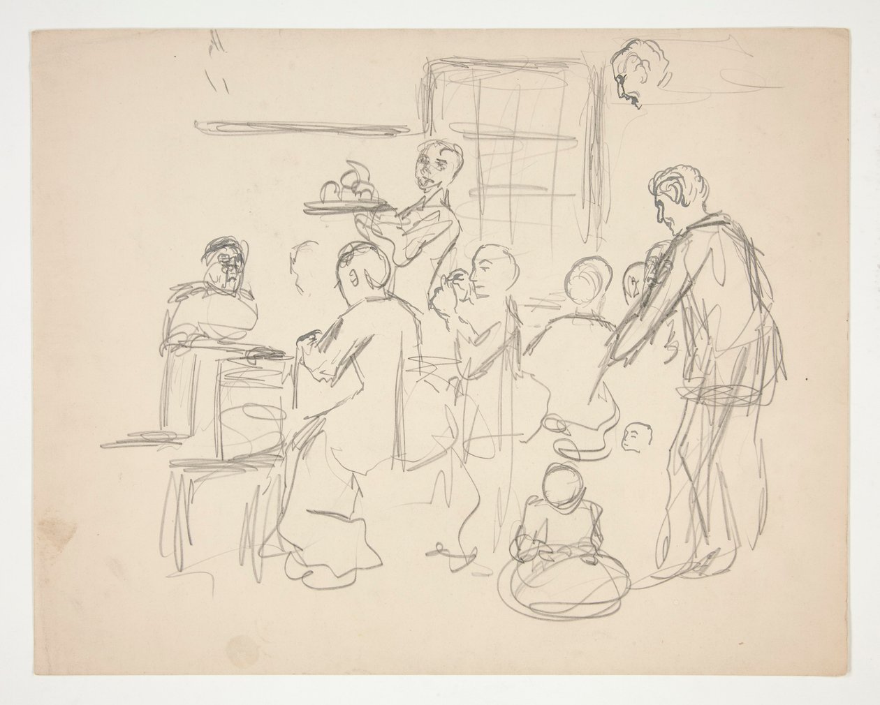 Escena interior del restaurante (?) - ilustración no identificada de Edwin Austin Abbey