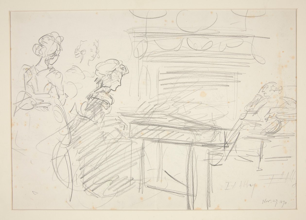 Escena interior: mujer al piano y familia - ilustración no identificada de Edwin Austin Abbey