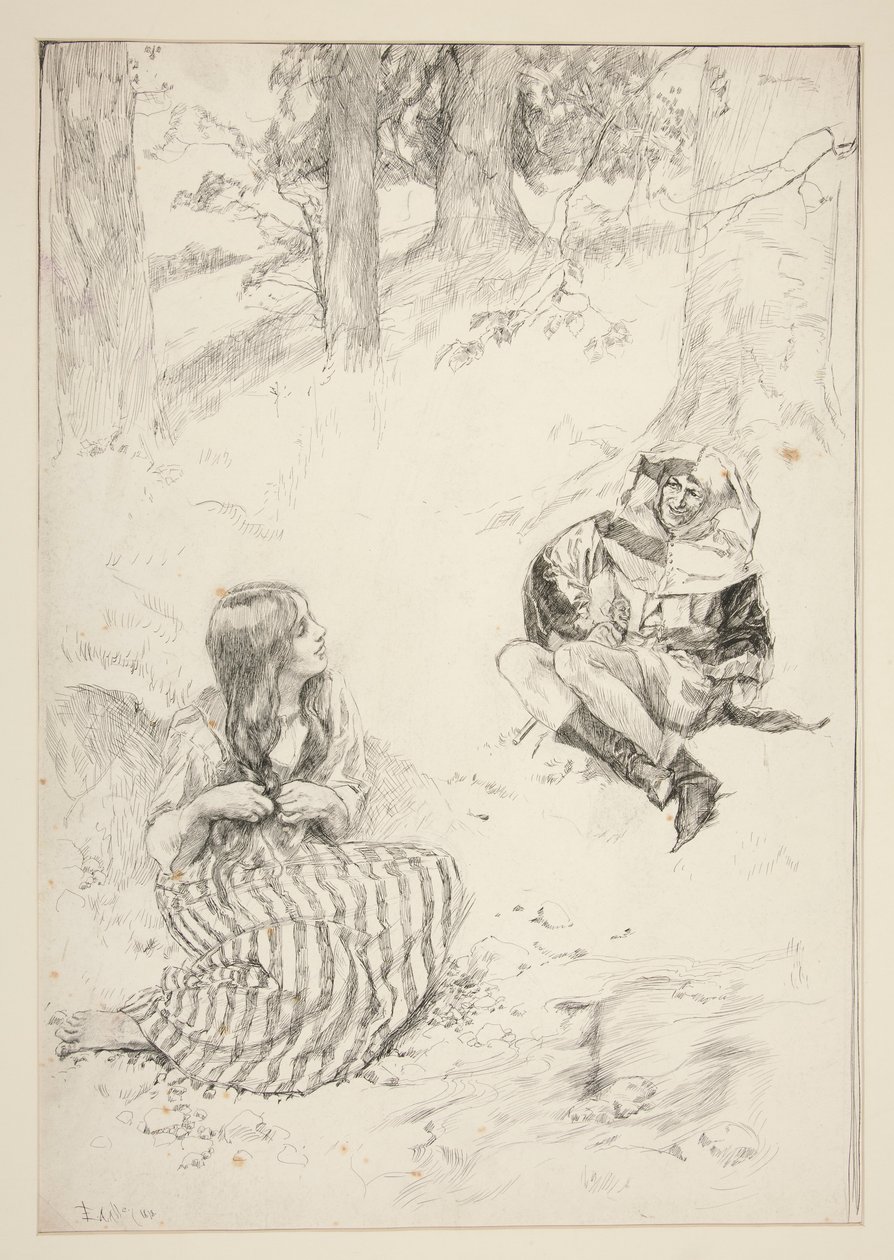Bufón y mujer, boceto de The Daffodil Song de Edwin Austin Abbey