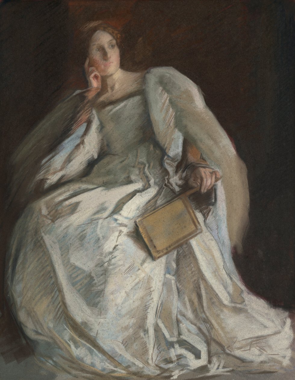 Dama de Blanco Sentada. Mano derecha a la barbilla. Sosteniendo Abanico. de Edwin Austin Abbey