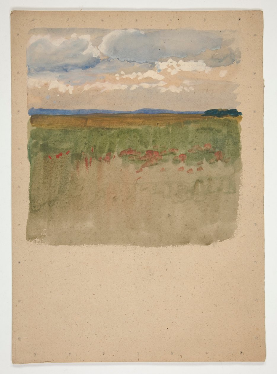 paisaje con campo, horizonte, cielo de Edwin Austin Abbey