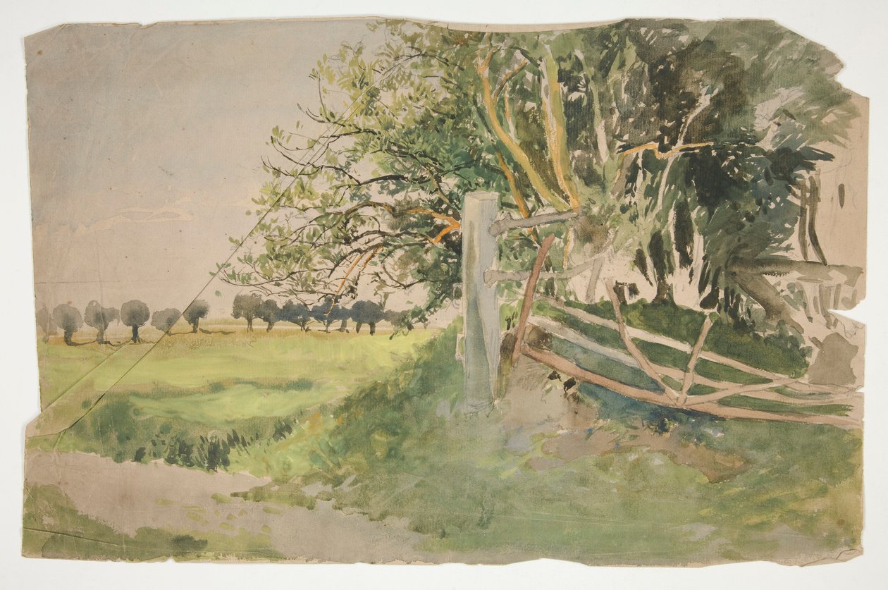 Paisaje con árboles y valla rota. de Edwin Austin Abbey
