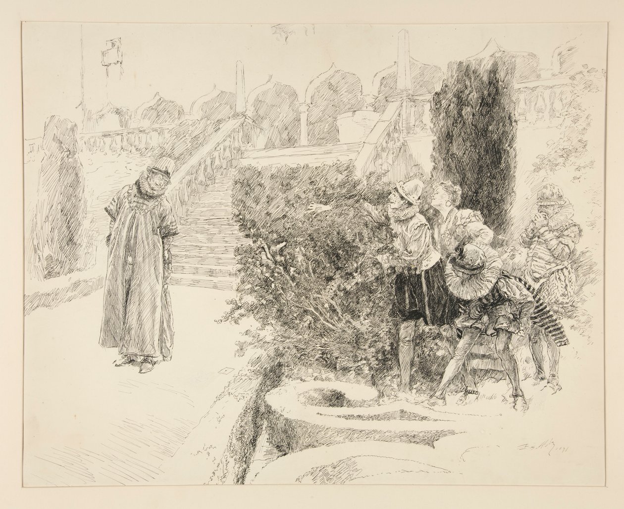 Malvolio encuentra la carta, ilustración del Acto II, Escena V, Noche de Reyes de Edwin Austin Abbey