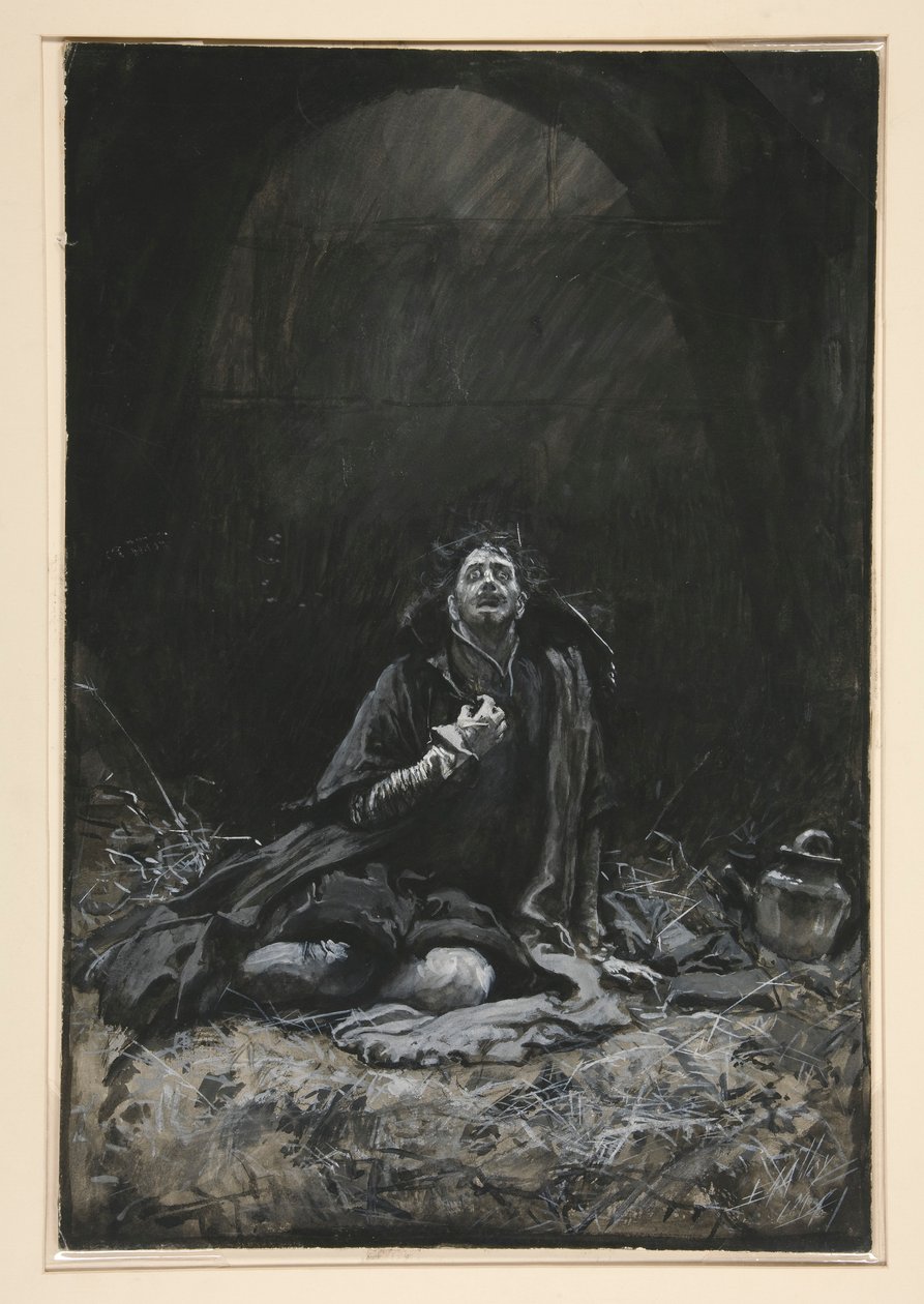 Malvolio en el calabozo, ilustración del Acto III, Escena IV, Noche de Reyes de Edwin Austin Abbey