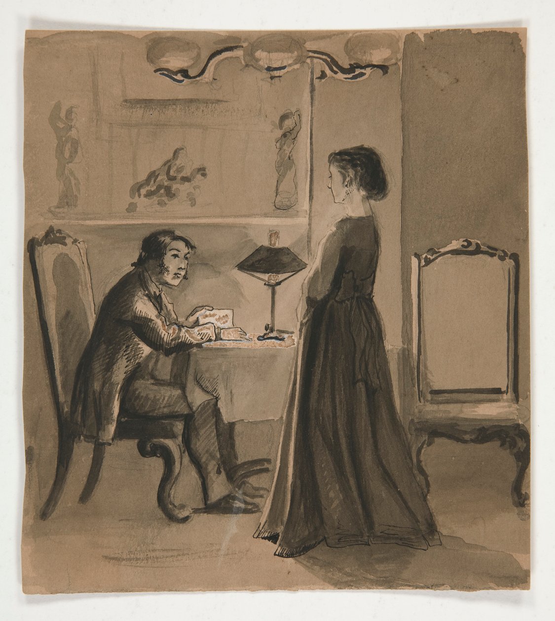 Hombre y mujer en un interior - ilustración no identificada de Edwin Austin Abbey