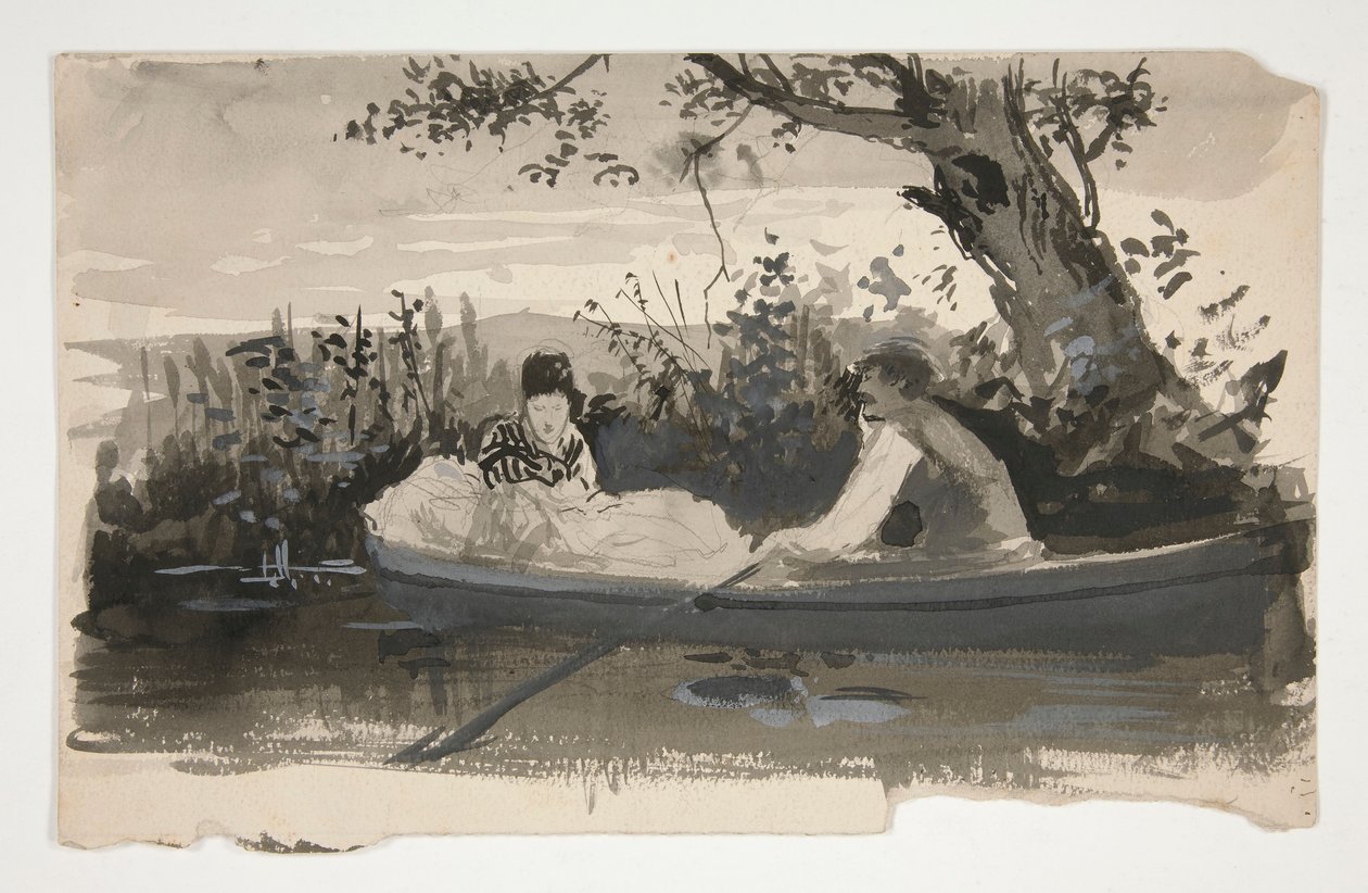 Hombre y mujer en bote de remos, cerca de la orilla del río - ilustración no identificada de Edwin Austin Abbey