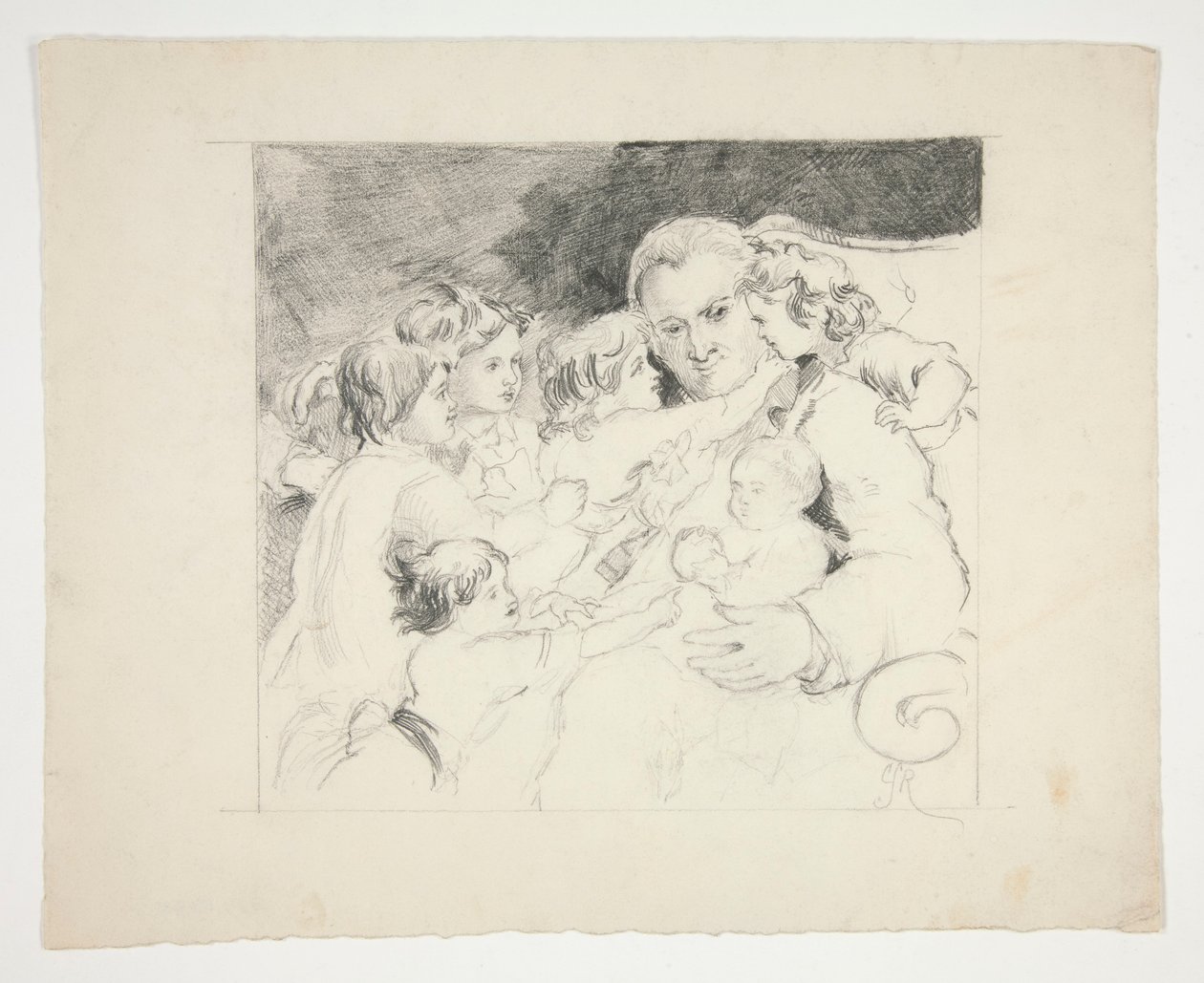 Hombre con niños a su alrededor - ilustración no identificada de Edwin Austin Abbey