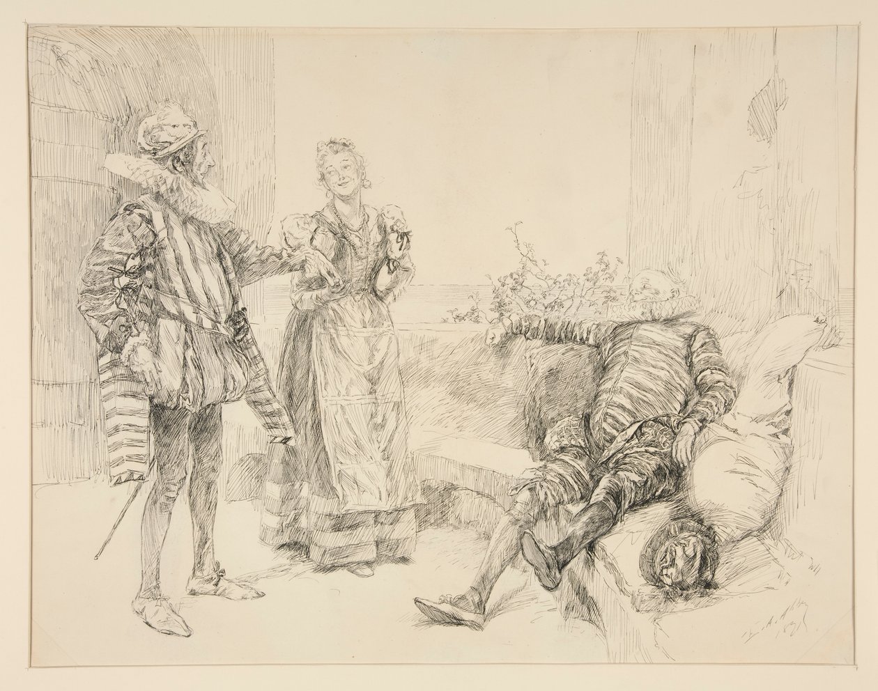 Maria, Sir Andrew y Toby, ilustración del Acto I, Escena III, Noche de Reyes de Edwin Austin Abbey