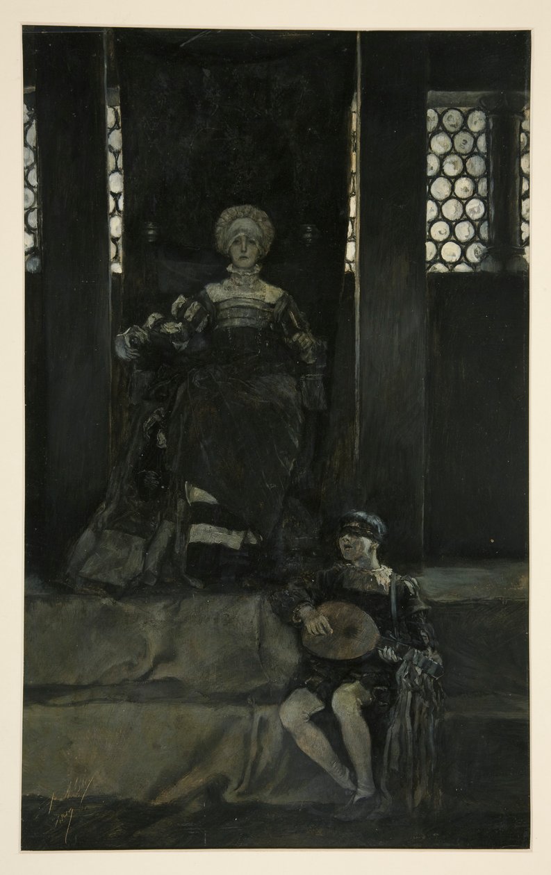 Mariana y niño cantando - Acto III, Escena I, Medida por Medida de Edwin Austin Abbey