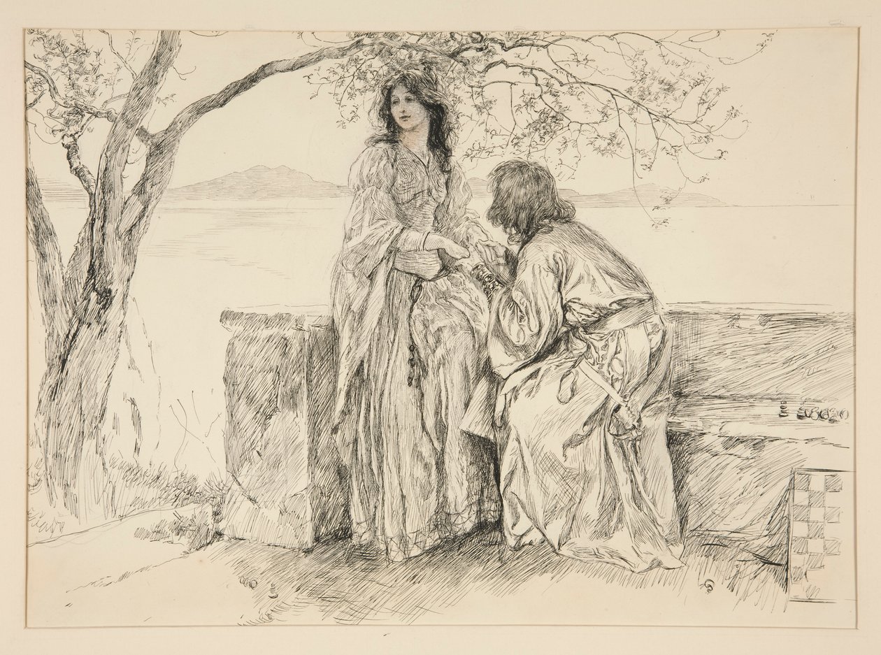 Miranda y Ferdinand, ilustración para el Acto V, Escena i, La Tempestad de Edwin Austin Abbey