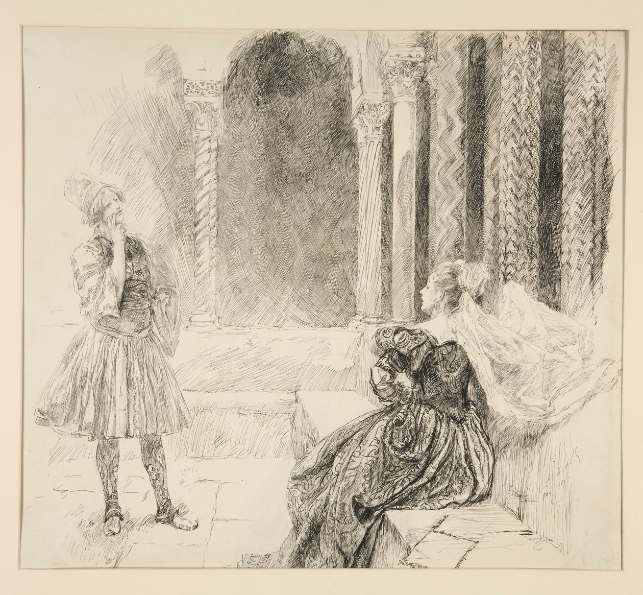 Olivia y Viola, ilustración del Acto I, Escena V, Noche de Reyes de Edwin Austin Abbey