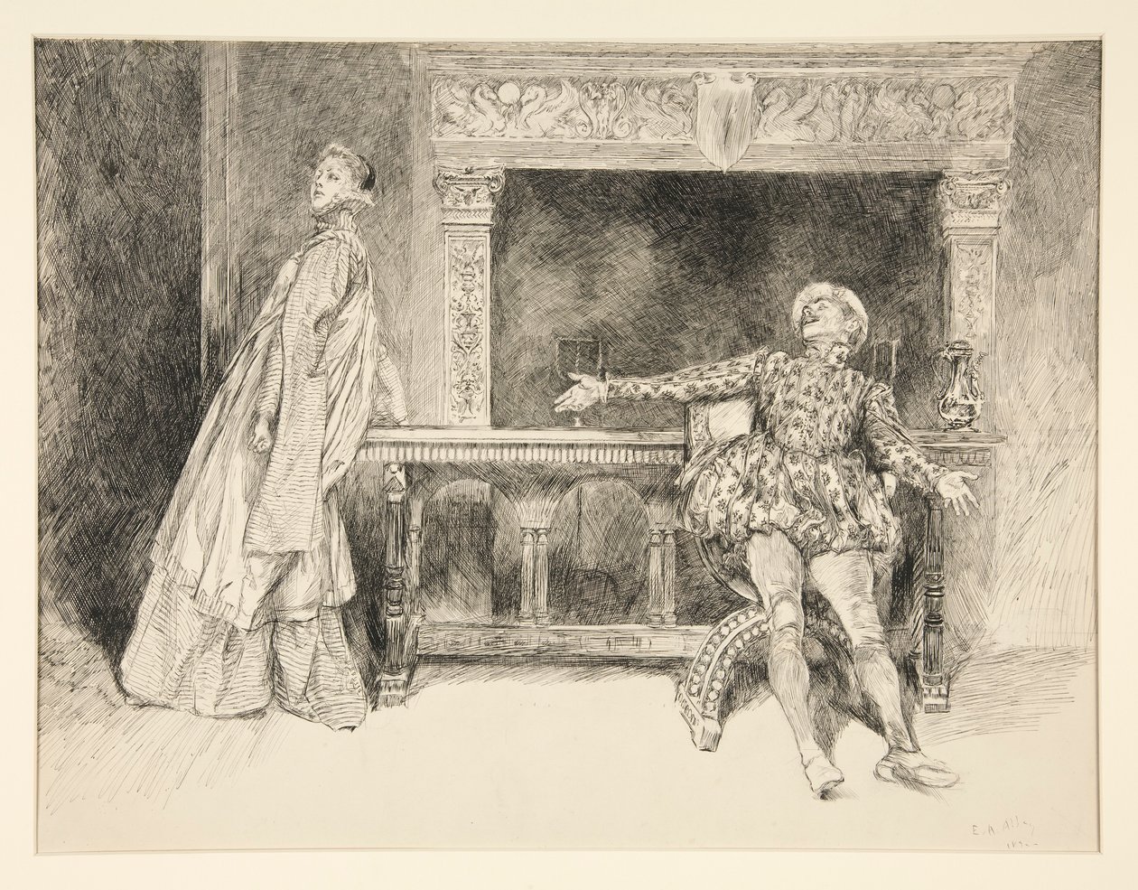 Petruchio bromea con Katharina, del Acto II, Escena i, La fierecilla domada de Edwin Austin Abbey