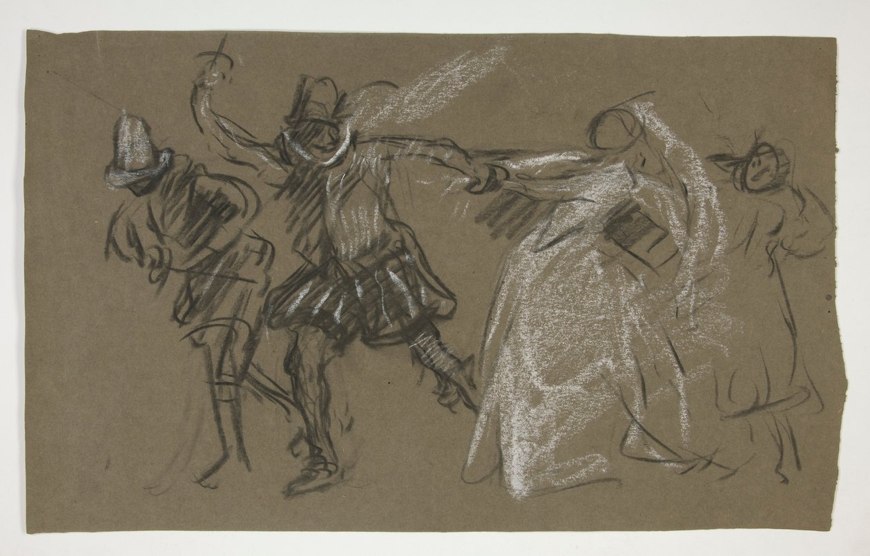 Petruchio tirando de Katharina, de La fierecilla domada (anverso); Boceto de figura sentada (verso) de Edwin Austin Abbey