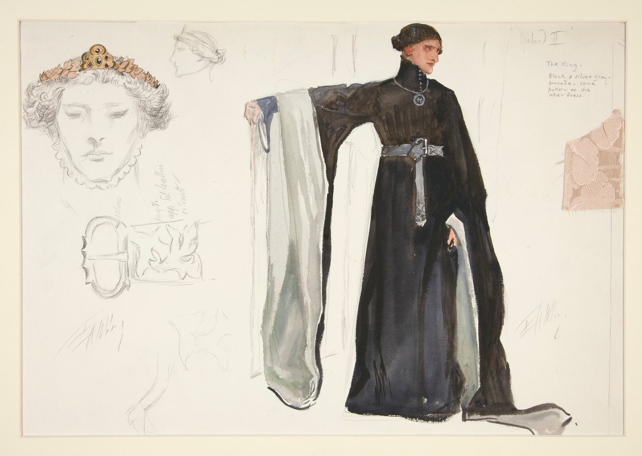 Ricardo II (de negro), boceto de vestuario para Henry Irving de Edwin Austin Abbey