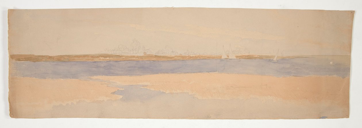 Paisaje fluvial con ciudad en la orilla lejana de Edwin Austin Abbey