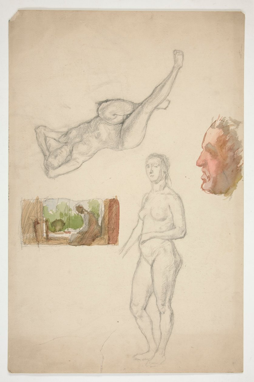 Hoja de bocetos: dos mujeres desnudas, perfil de un hombre, figura sentada en un interior de Edwin Austin Abbey