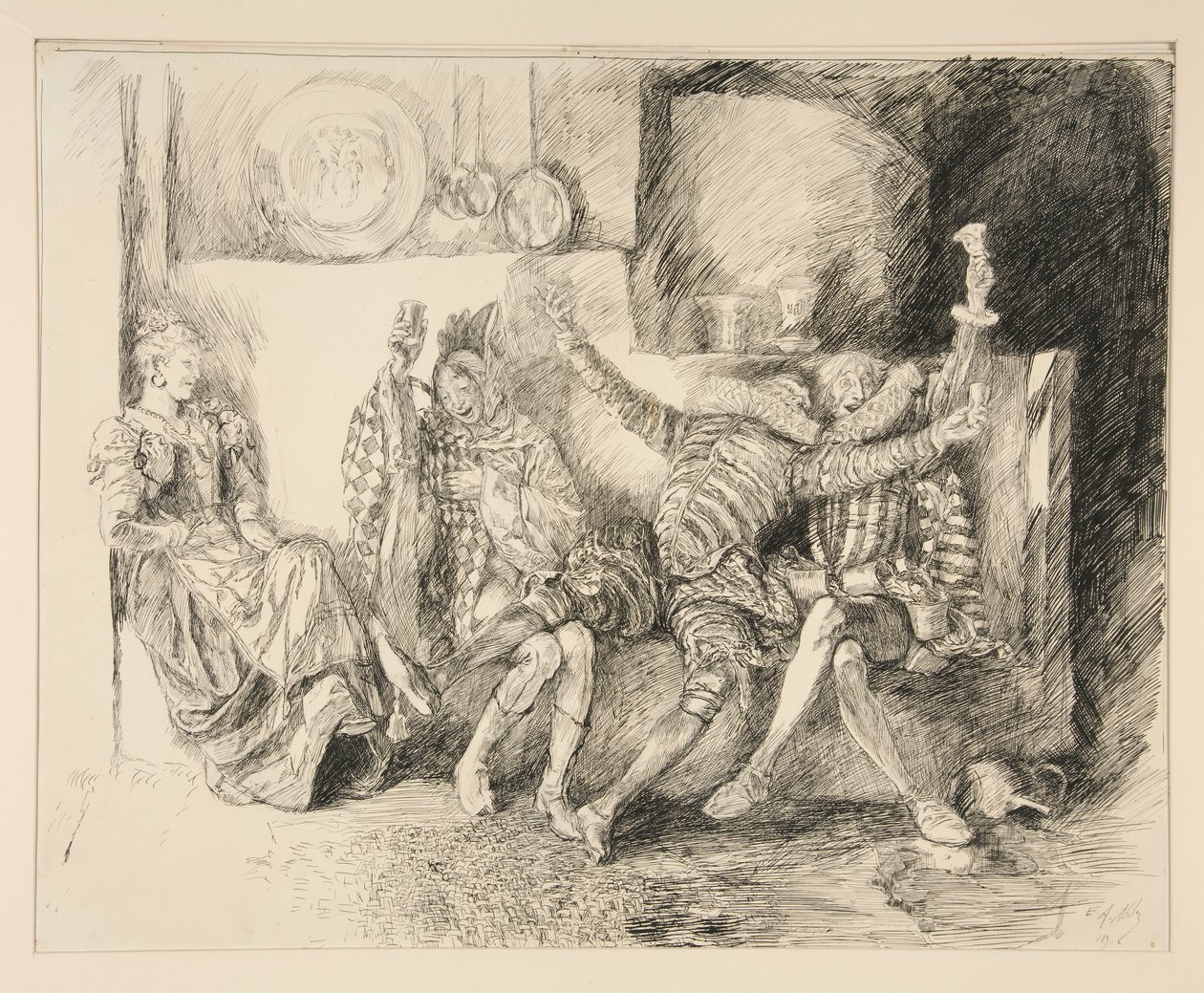 Sir Toby y sus compañeros, ilustración del Acto II, Escena III, Noche de Reyes de Edwin Austin Abbey