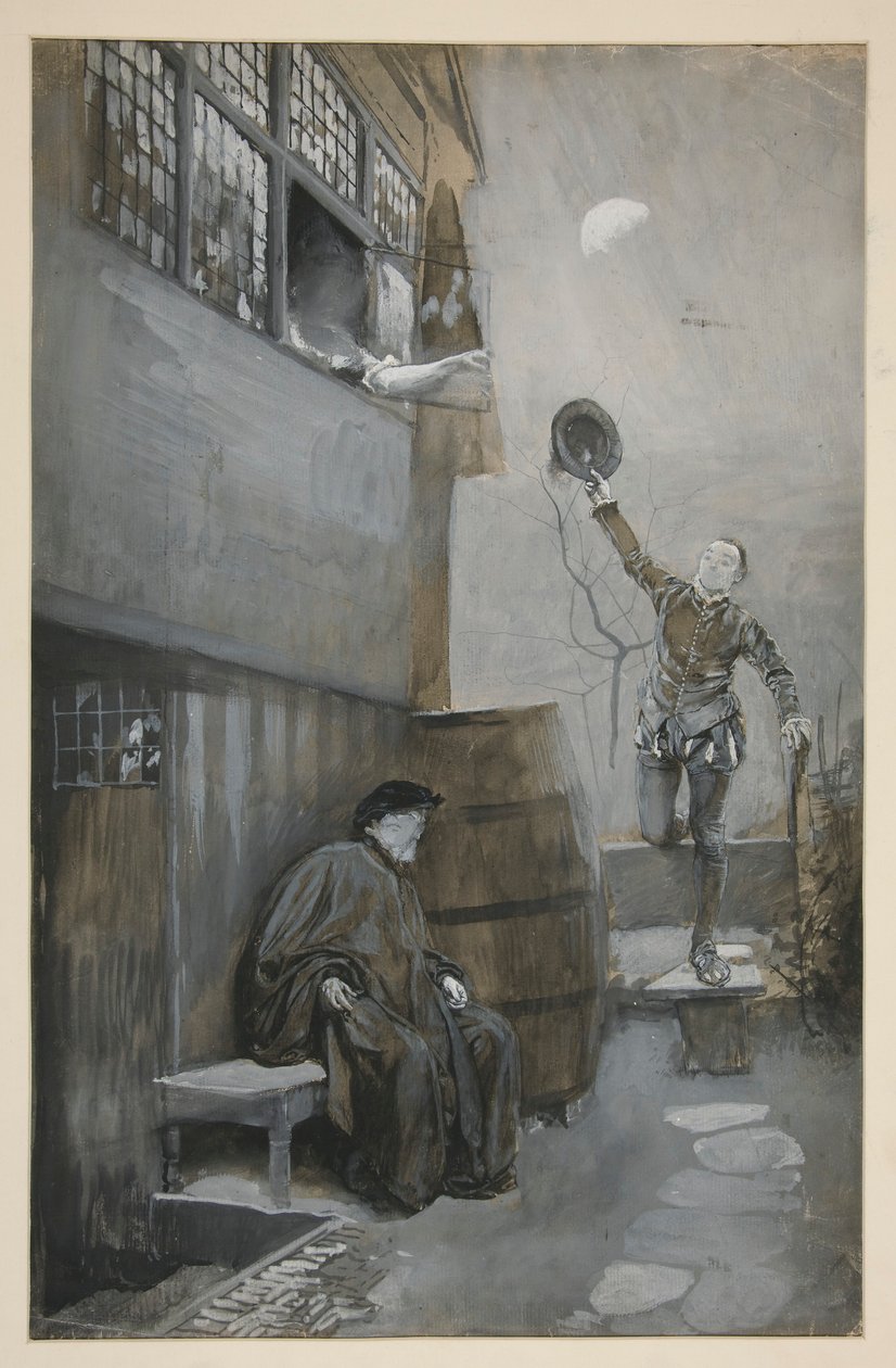 Sketch for Nighttime Rendezvous - 3 figuras: dos hombres, una mujer de Edwin Austin Abbey