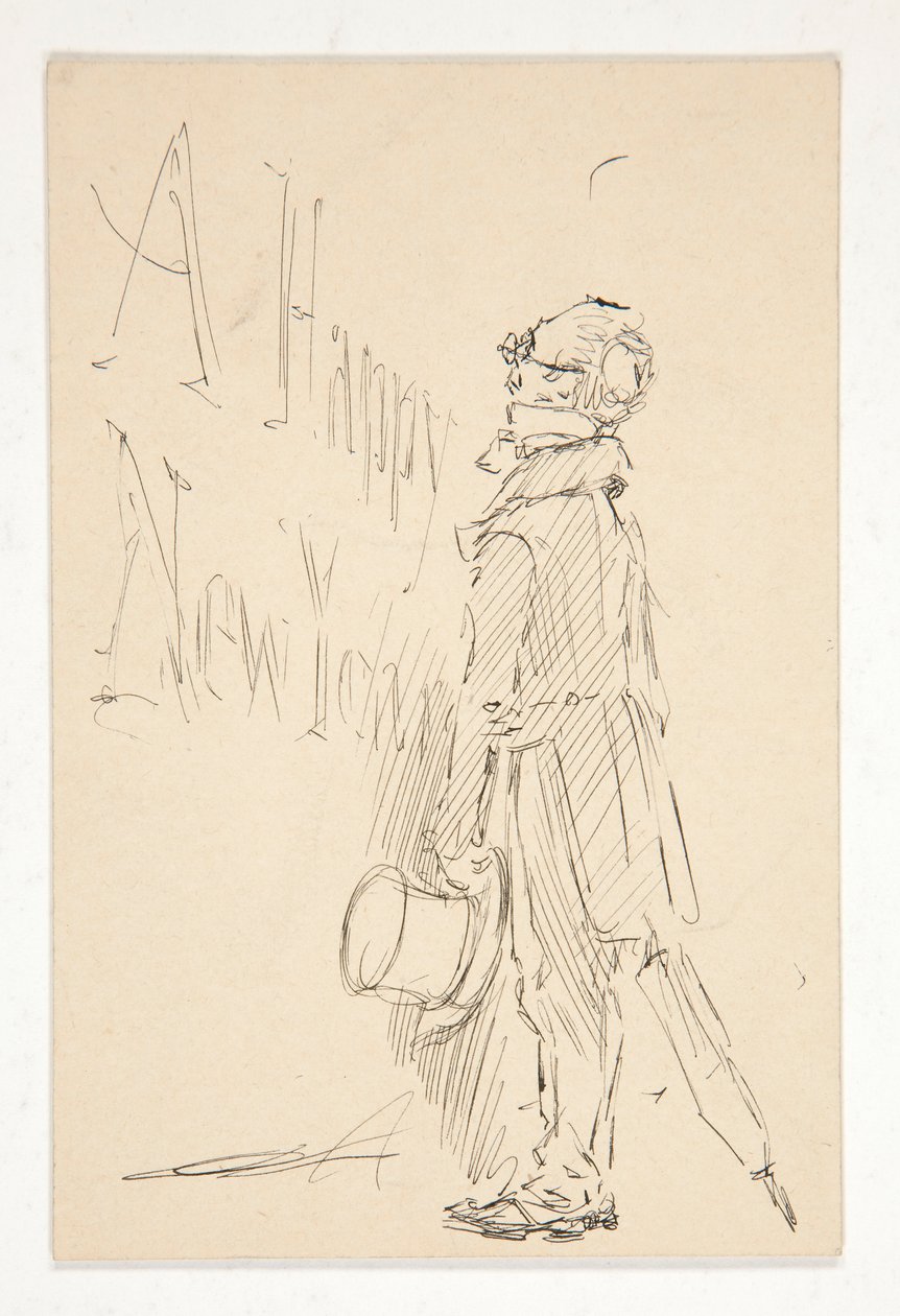 Boceto para una tarjeta de felicitación: Un Feliz Año Nuevo; estudio de un hombre leyendo un cartel de Edwin Austin Abbey