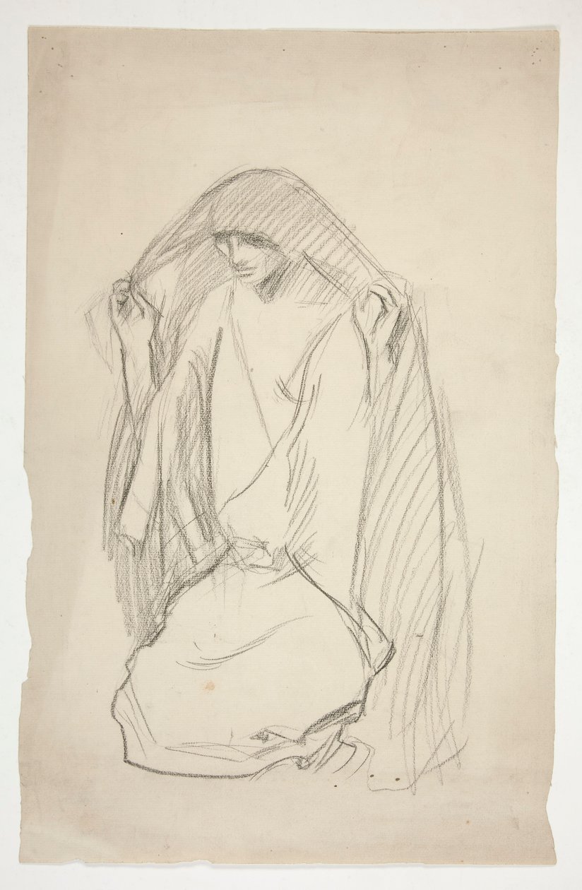 Boceto de una figura femenina encapuchada en oración por las Tres Marías en la Cruz de Edwin Austin Abbey