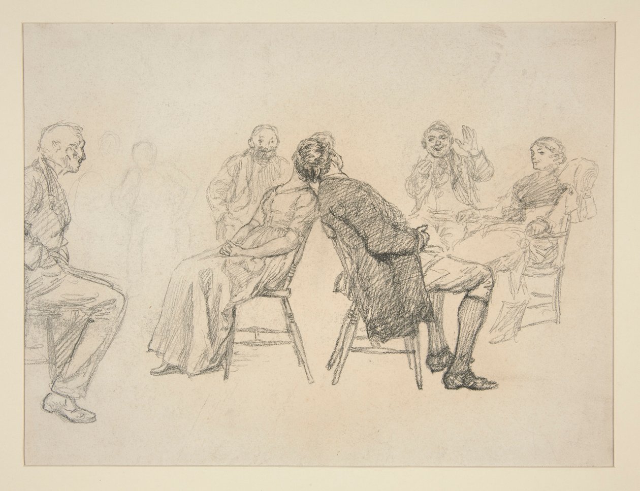 Boceto de una pareja jugando, rodeada de espectadores, en un interior (?) - ilustración no identificada de Edwin Austin Abbey