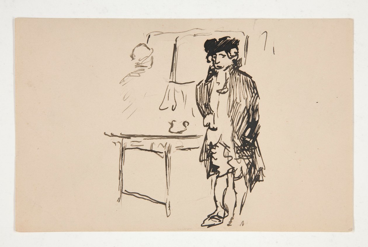 Bosquejo de un hombre vestido de revolucionario al lado de una mesa de Edwin Austin Abbey