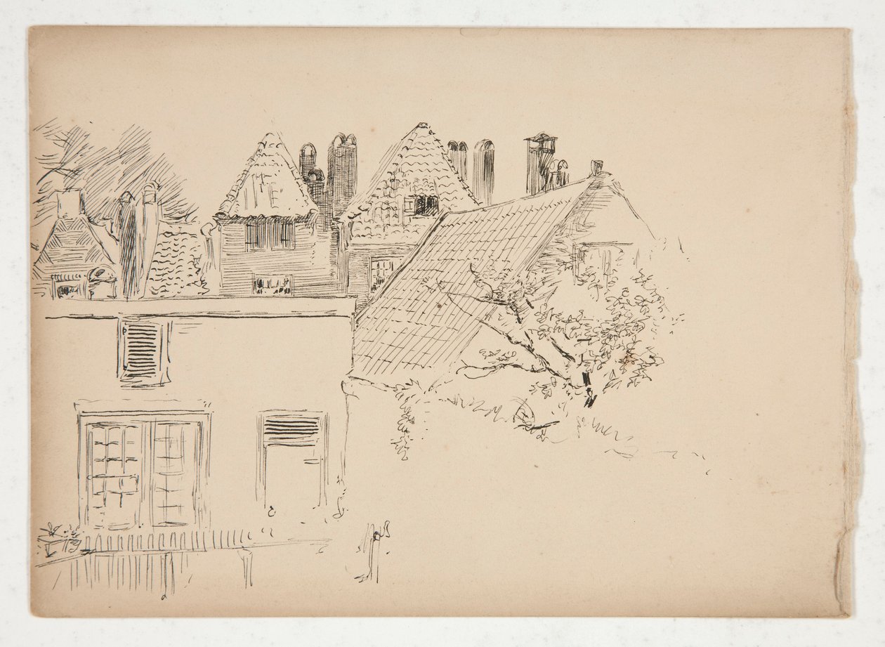 Bosquejo de un exterior: edificios y árbol de Edwin Austin Abbey