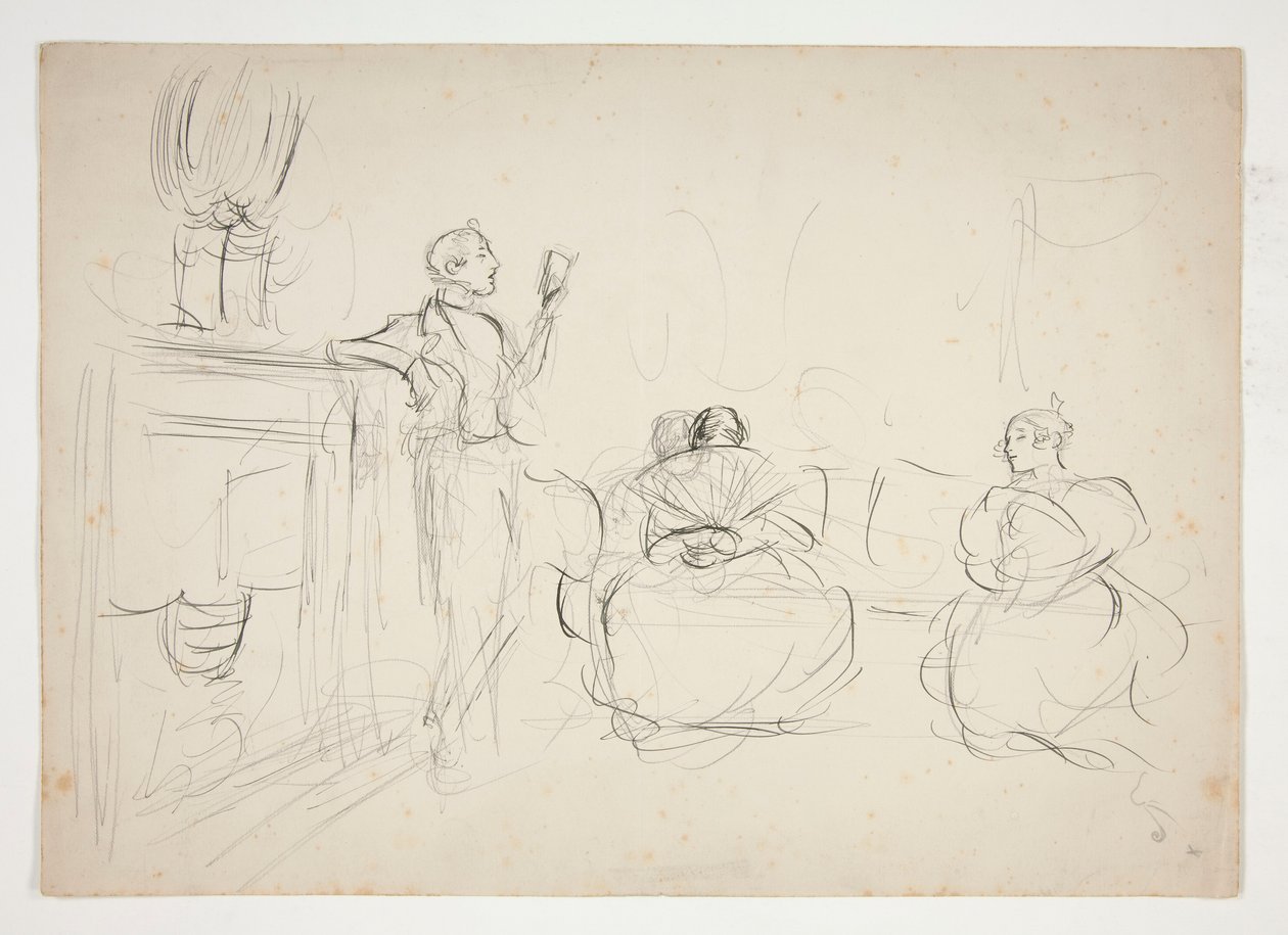 Bosquejo de un interior: hombre leyendo en voz alta, mujeres tejiendo - ilustración no identificada de Edwin Austin Abbey