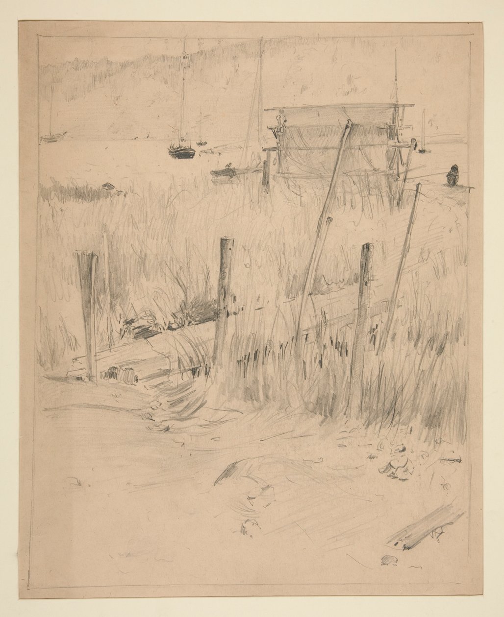 Bosquejo de un viejo muelle, con malas hierbas creciendo a su alrededor de Edwin Austin Abbey