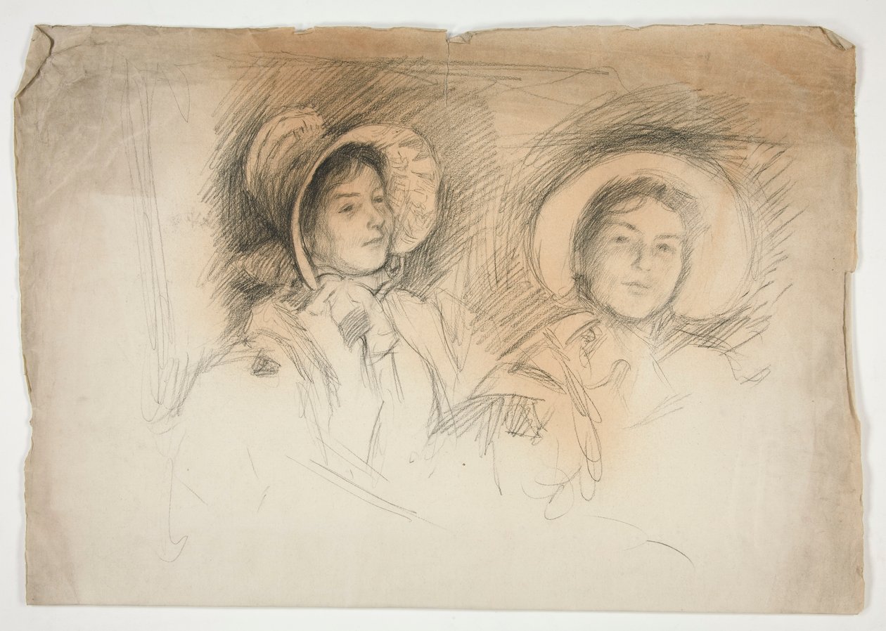 Boceto de dos mujeres jóvenes con gorros (niñeras no identificadas) de Edwin Austin Abbey
