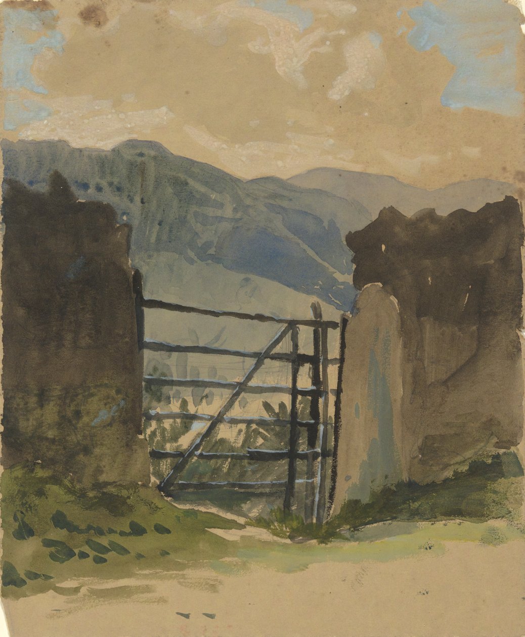 Muro de piedra y puerta, boceto de Edwin Austin Abbey