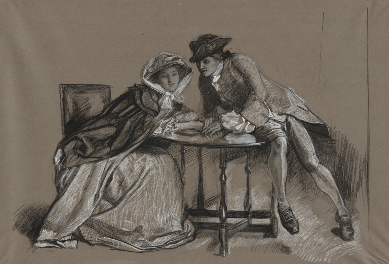 Estudiar. Dama y caballero conversando al otro lado de una mesa de Edwin Austin Abbey