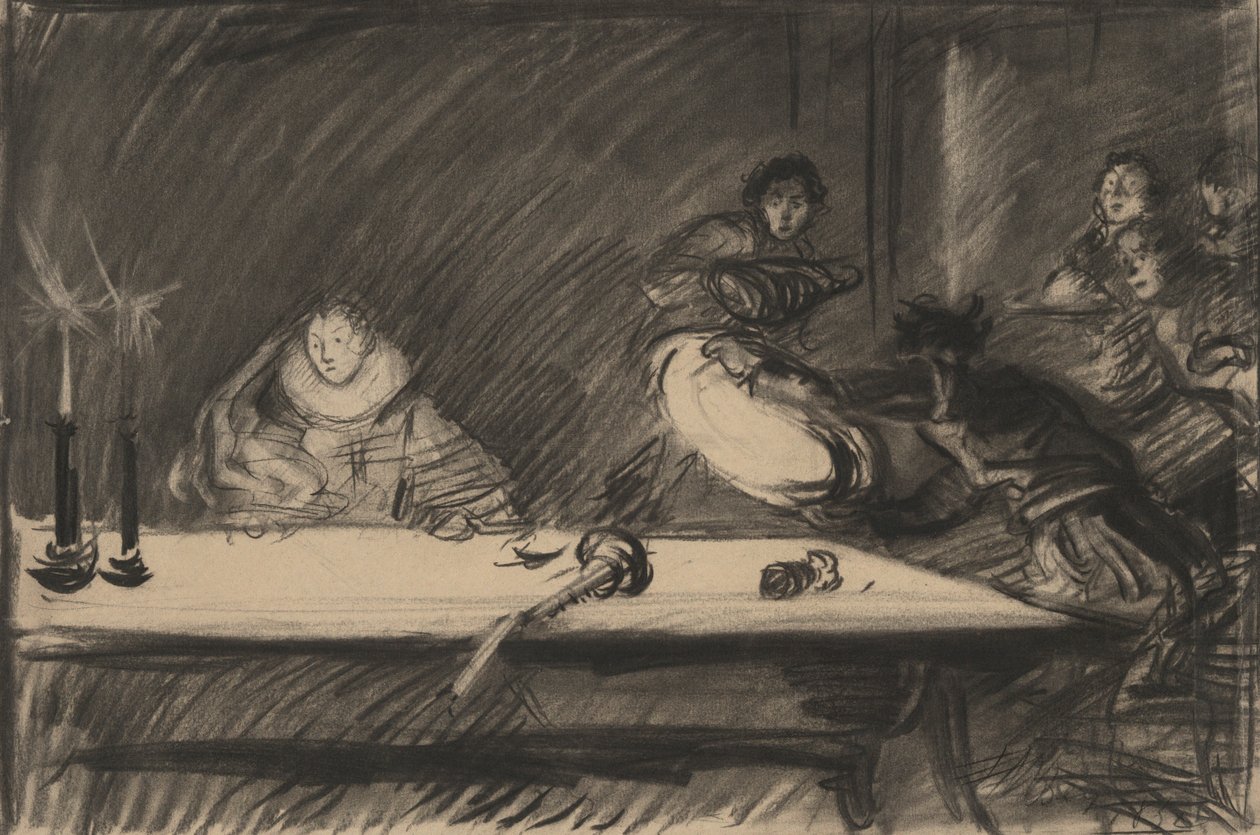 Estudio para Petruchio vuelca la zanjadora - Acto IV, Escena I, La fierecilla domada de Edwin Austin Abbey